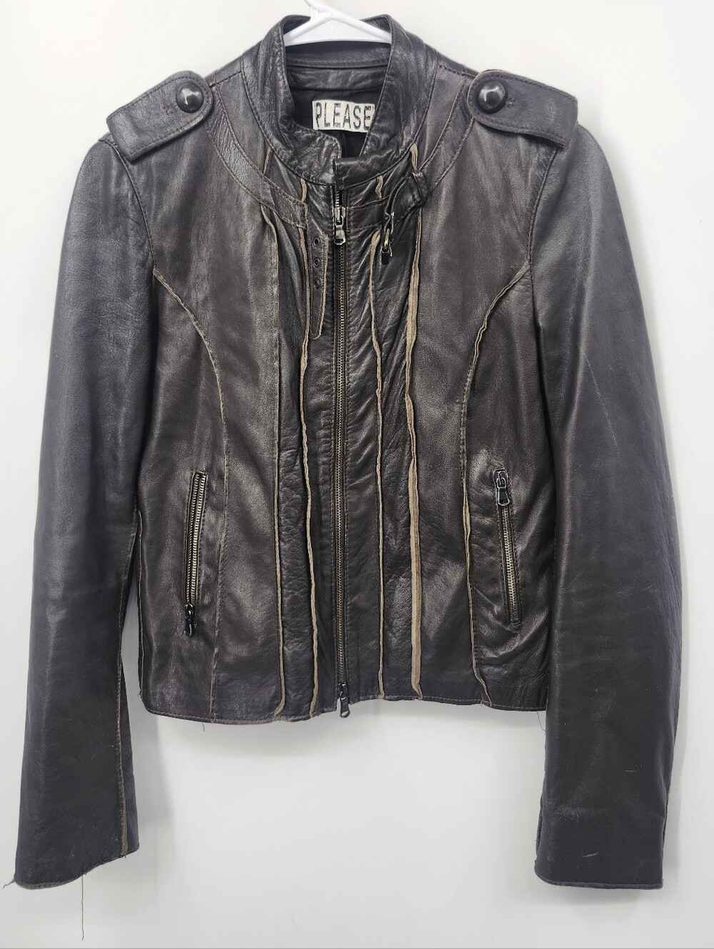 Pleaser Woman Brown Leather Moto Jacket with Contrast Trim Ero SZ42 US Sz6